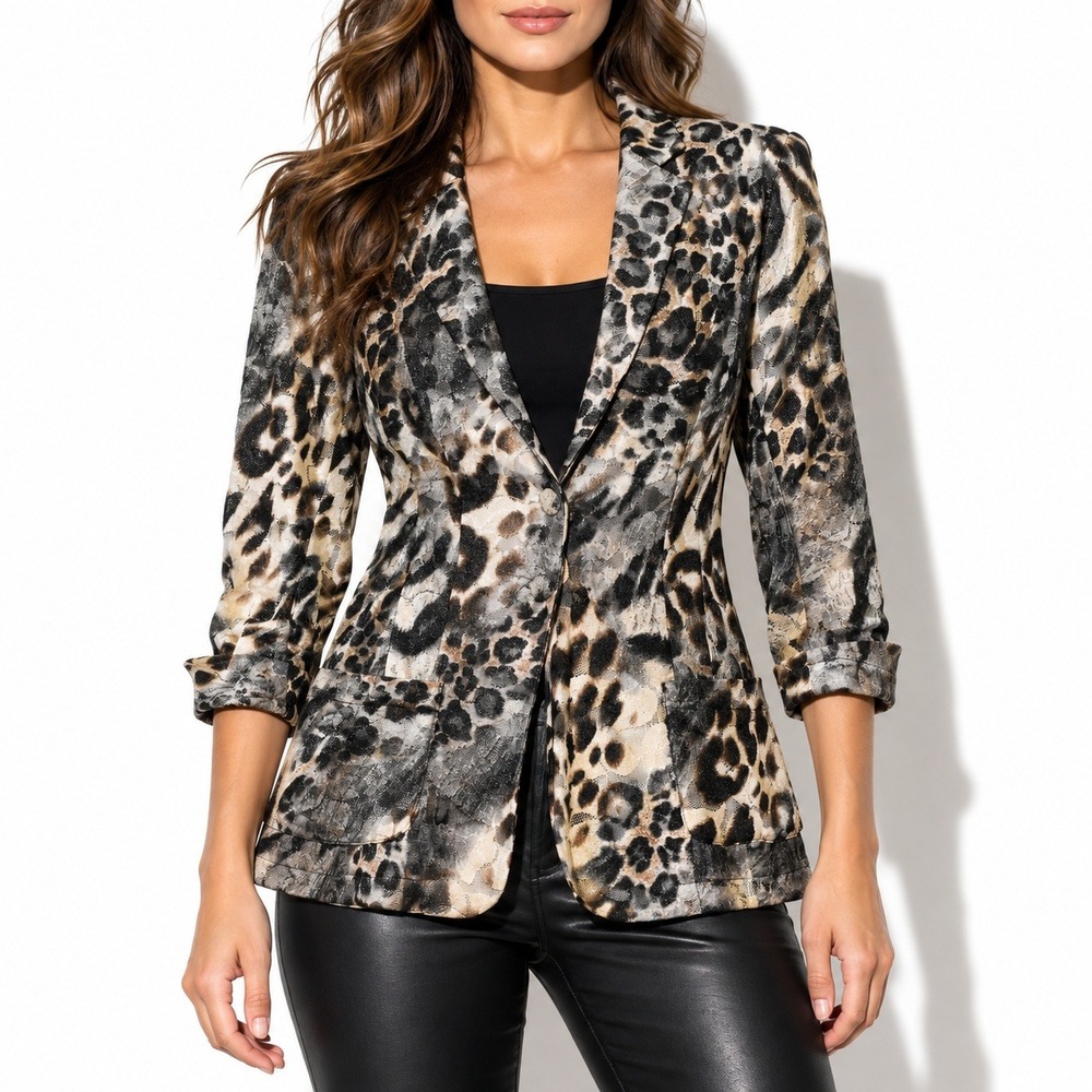 Alberto Makali Sheer Animal Print Lace Blazer Womens M Brown Leopard Ruched Gray